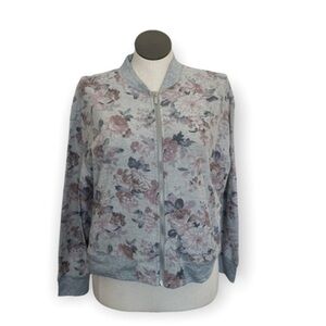 Catherine women faded floral print gray long sleeve zip Sz Medium NWT